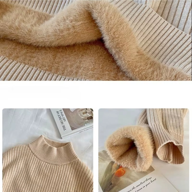 Thick Turtleneck Sweater Women Slim Thicken Plush Velvet Lined Knit Jumper italy Style Simple Base Layer Tops Women Pullover