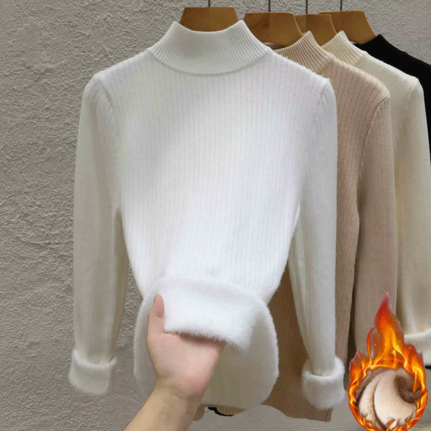 Thick Turtleneck Sweater Women Slim Thicken Plush Velvet Lined Knit Jumper italy Style Simple Base Layer Tops Women Pullover