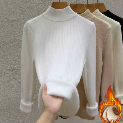 Thick Turtleneck Sweater Women Slim Thicken Plush Velvet Lined Knit Jumper italy Style Simple Base Layer Tops Women Pullover