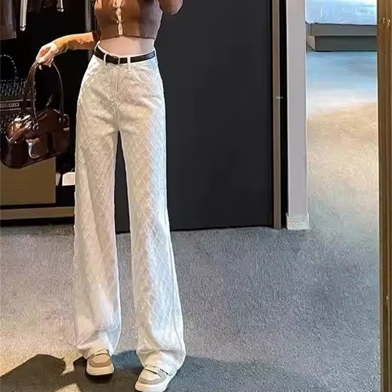 White Wide Leg Jeans Women'S Spring Casual Trousers New Embroidery High Waist Loose Slimming Floor-Length Straight Pants