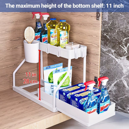 Space Saving 2 Tier under Sink Organizer,Pull Out Storage Box Durable Large Capacity Kitchen Bathroom Essential Drawer Organizer