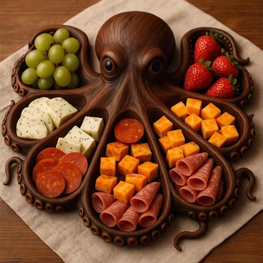 "קרש הגשה מעץ בעיצוב תמנון – פריט ייחודי בהשראת האוקיינוס, מושלם להגשת גבינות, לחמים ופירות, ומוסיף לאירוח נגיעה טבעית, אומנותית ומרשימה."