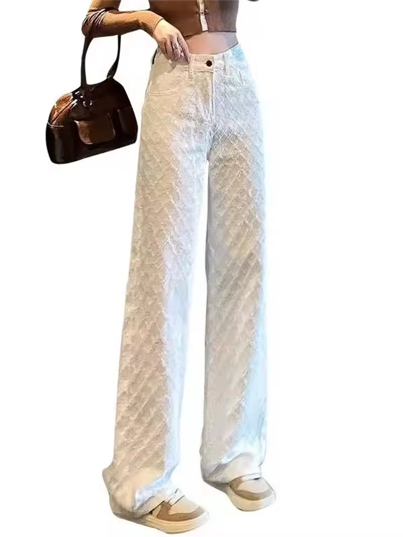 White Wide Leg Jeans Women'S Spring Casual Trousers New Embroidery High Waist Loose Slimming Floor-Length Straight Pants