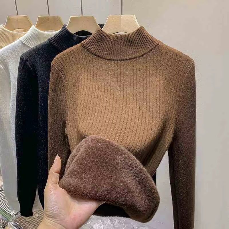 Thick Turtleneck Sweater Women Slim Thicken Plush Velvet Lined Knit Jumper italy Style Simple Base Layer Tops Women Pullover