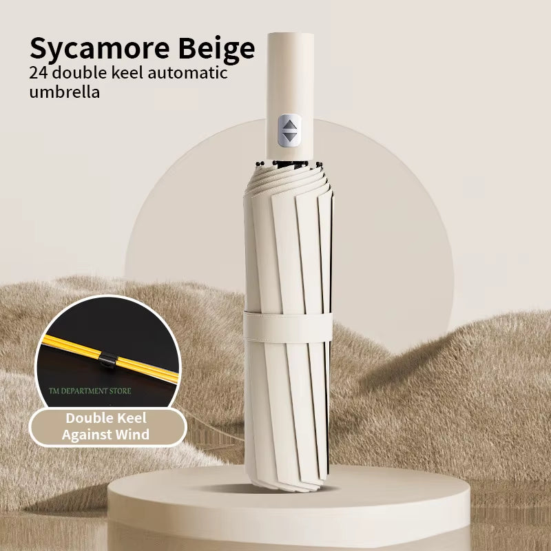 מטרייה גדולה מתקפלת עם 3 קיפולים, שלד מחוזק עם 24 צלעות, עמידה לרוח חזקה, פתיחה וסגירה אוטומטיות, הגנת UV מלאה (UPF). מתאימה לנשים ולגברים – אידיאלית לנסיעות ולשימוש יומיומי.