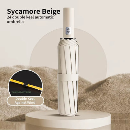 מטרייה גדולה מתקפלת עם 3 קיפולים, שלד מחוזק עם 24 צלעות, עמידה לרוח חזקה, פתיחה וסגירה אוטומטיות, הגנת UV מלאה (UPF). מתאימה לנשים ולגברים – אידיאלית לנסיעות ולשימוש יומיומי.