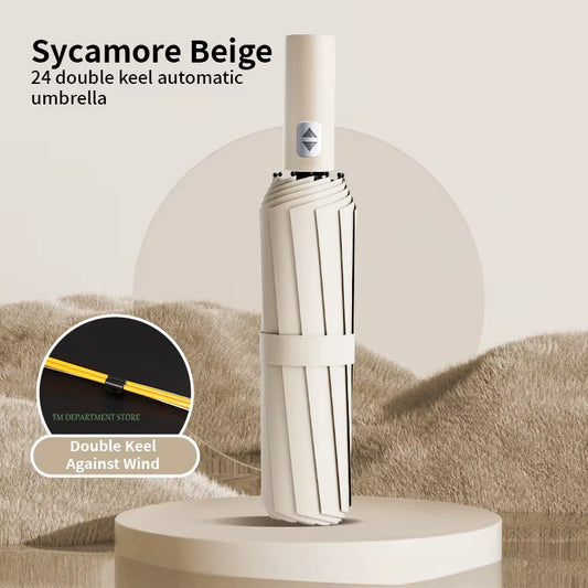 מטרייה גדולה מתקפלת עם 3 קיפולים, שלד מחוזק עם 24 צלעות, עמידה לרוח חזקה, פתיחה וסגירה אוטומטיות, הגנת UV מלאה (UPF). מתאימה לנשים ולגברים – אידיאלית לנסיעות ולשימוש יומיומי.