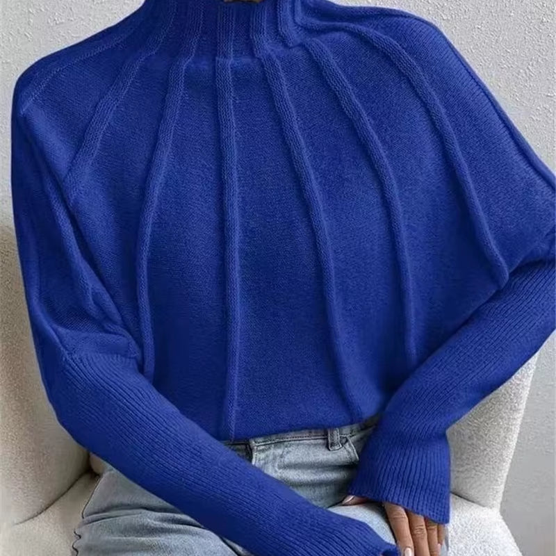 Women'S Knitted Half-High Collar Sweater Batwing Sleeve Thickened Winter Style Pure Color Sweaters Female
