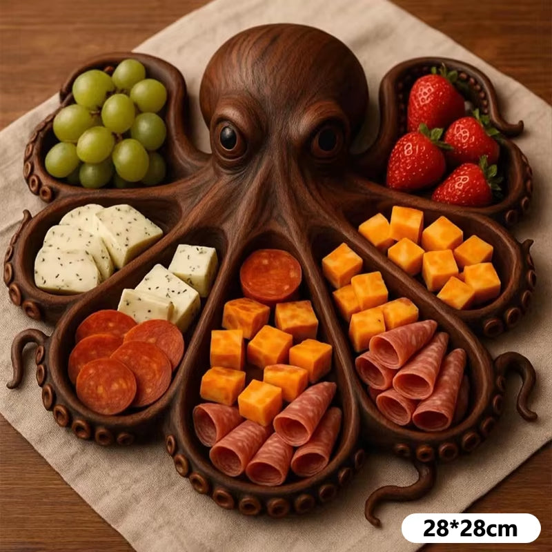 "קרש הגשה מעץ בעיצוב תמנון – פריט ייחודי בהשראת האוקיינוס, מושלם להגשת גבינות, לחמים ופירות, ומוסיף לאירוח נגיעה טבעית, אומנותית ומרשימה."