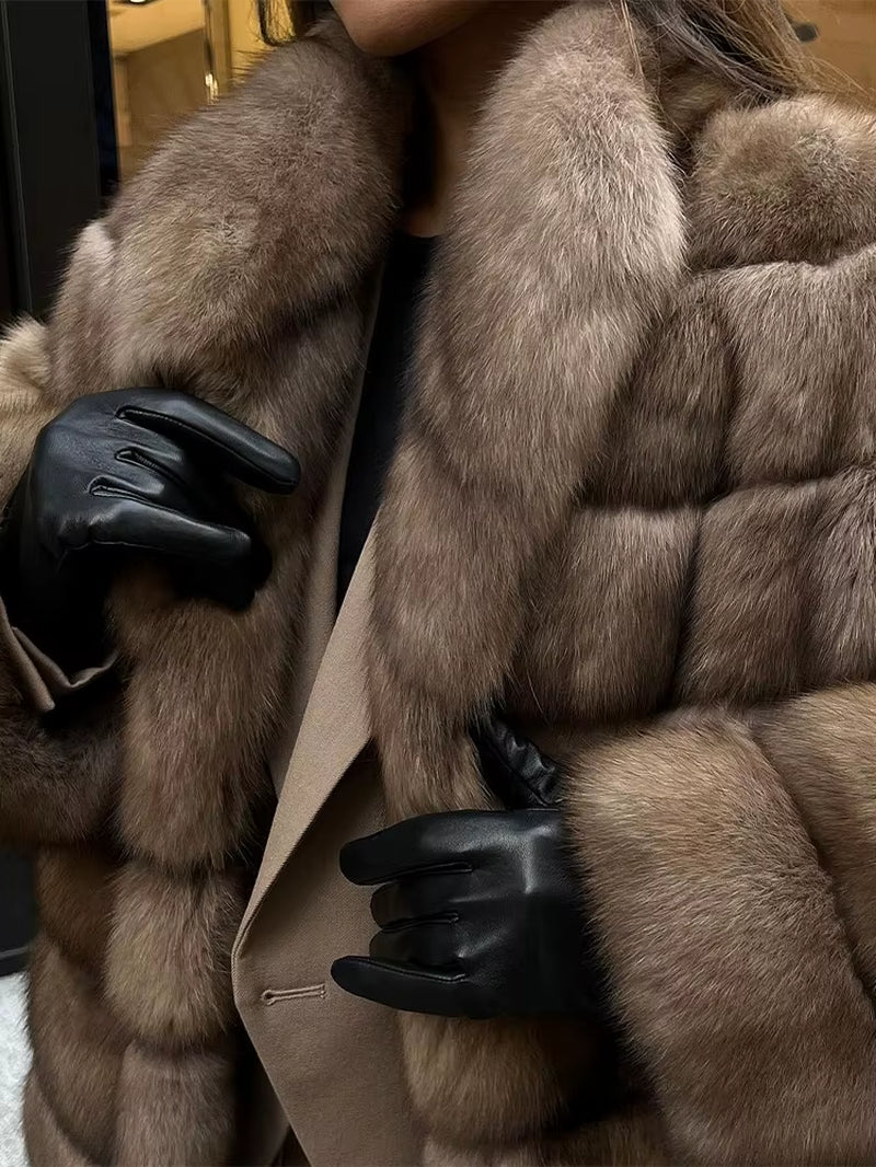 Patchwork Plush Faux Fur Coat Women Casual Lapel Long Sleeve Long Staple Plush Loose Jacket Winter Outdoor Street Wear New 2025