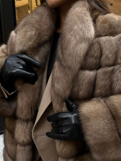 Patchwork Plush Faux Fur Coat Women Casual Lapel Long Sleeve Long Staple Plush Loose Jacket Winter Outdoor Street Wear New 2025