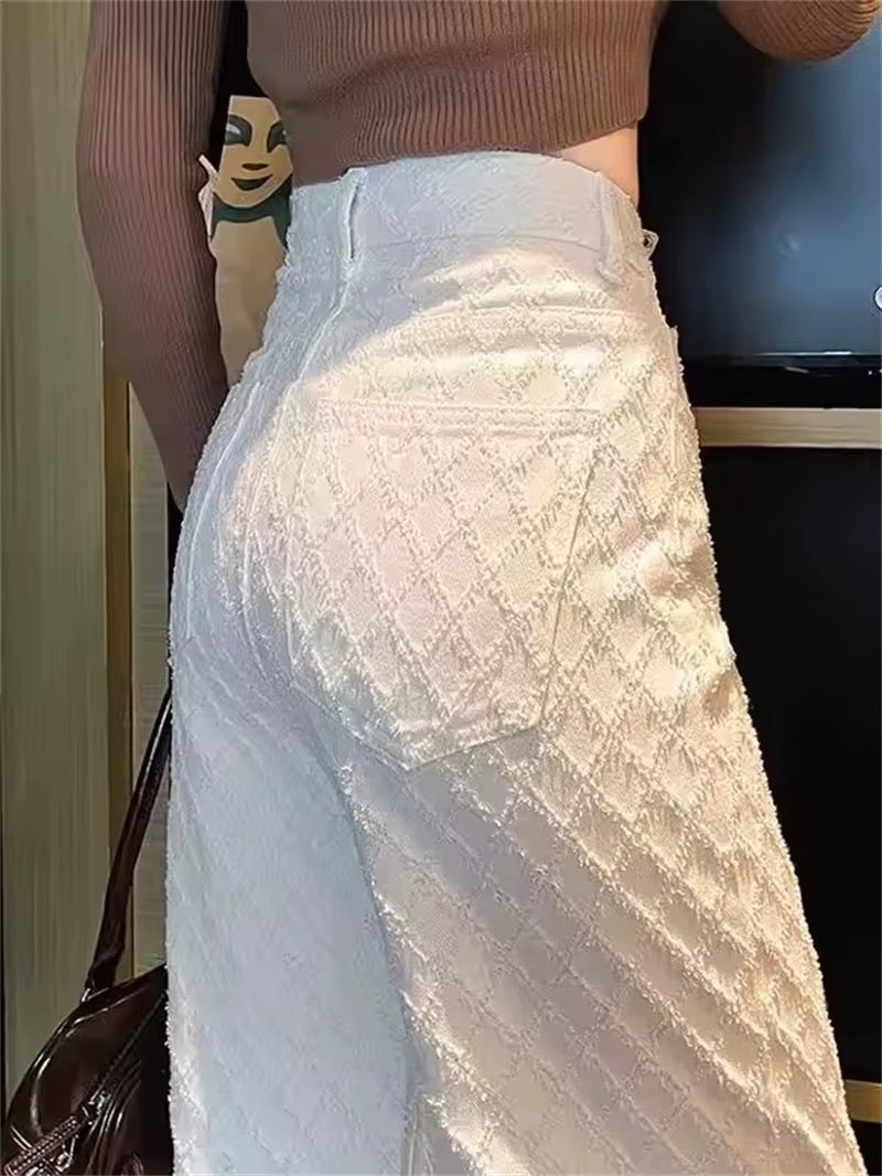 White Wide Leg Jeans Women'S Spring Casual Trousers New Embroidery High Waist Loose Slimming Floor-Length Straight Pants