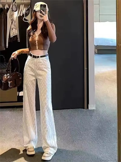White Wide Leg Jeans Women'S Spring Casual Trousers New Embroidery High Waist Loose Slimming Floor-Length Straight Pants