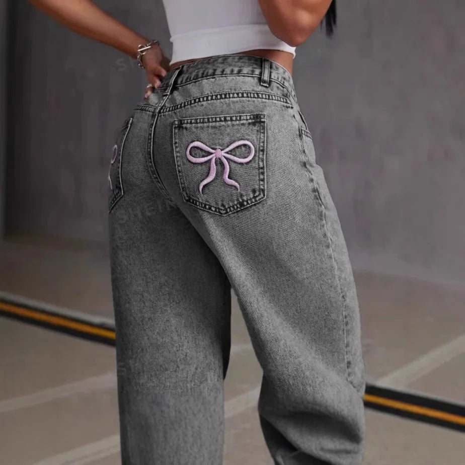 Bow Embroidered Jeans Women'S Sweet Spicy Style High Waist Straight Leg Pants Loose Casual Wash High Street Denim Pants