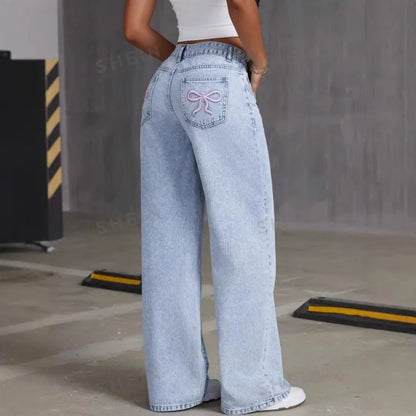 Bow Embroidered Jeans Women'S Sweet Spicy Style High Waist Straight Leg Pants Loose Casual Wash High Street Denim Pants