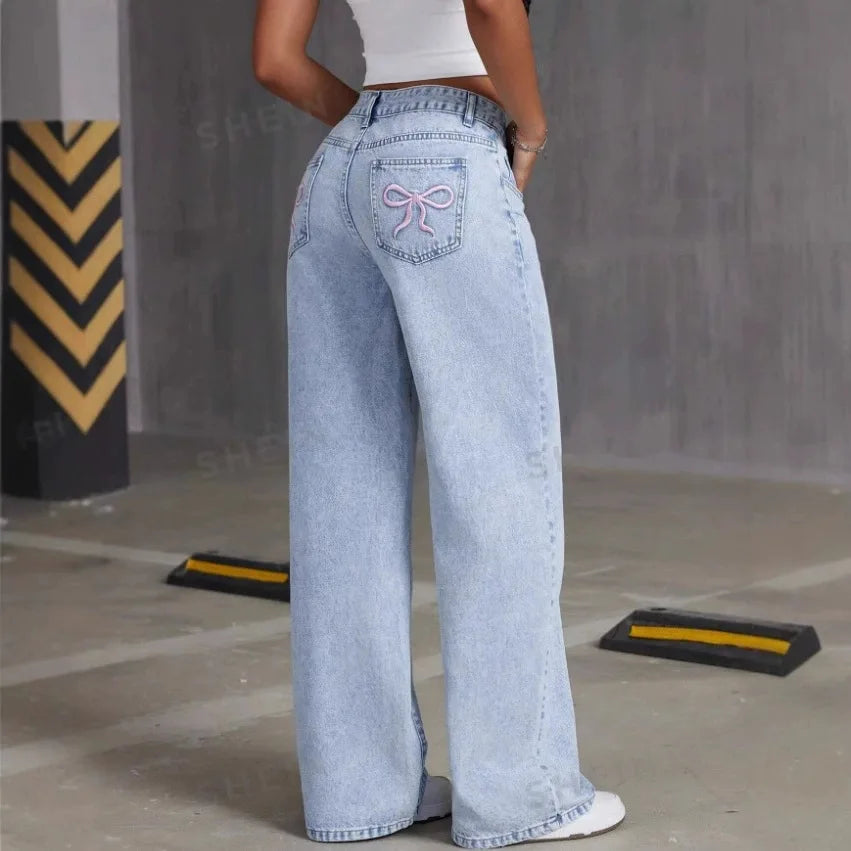 Bow Embroidered Jeans Women'S Sweet Spicy Style High Waist Straight Leg Pants Loose Casual Wash High Street Denim Pants