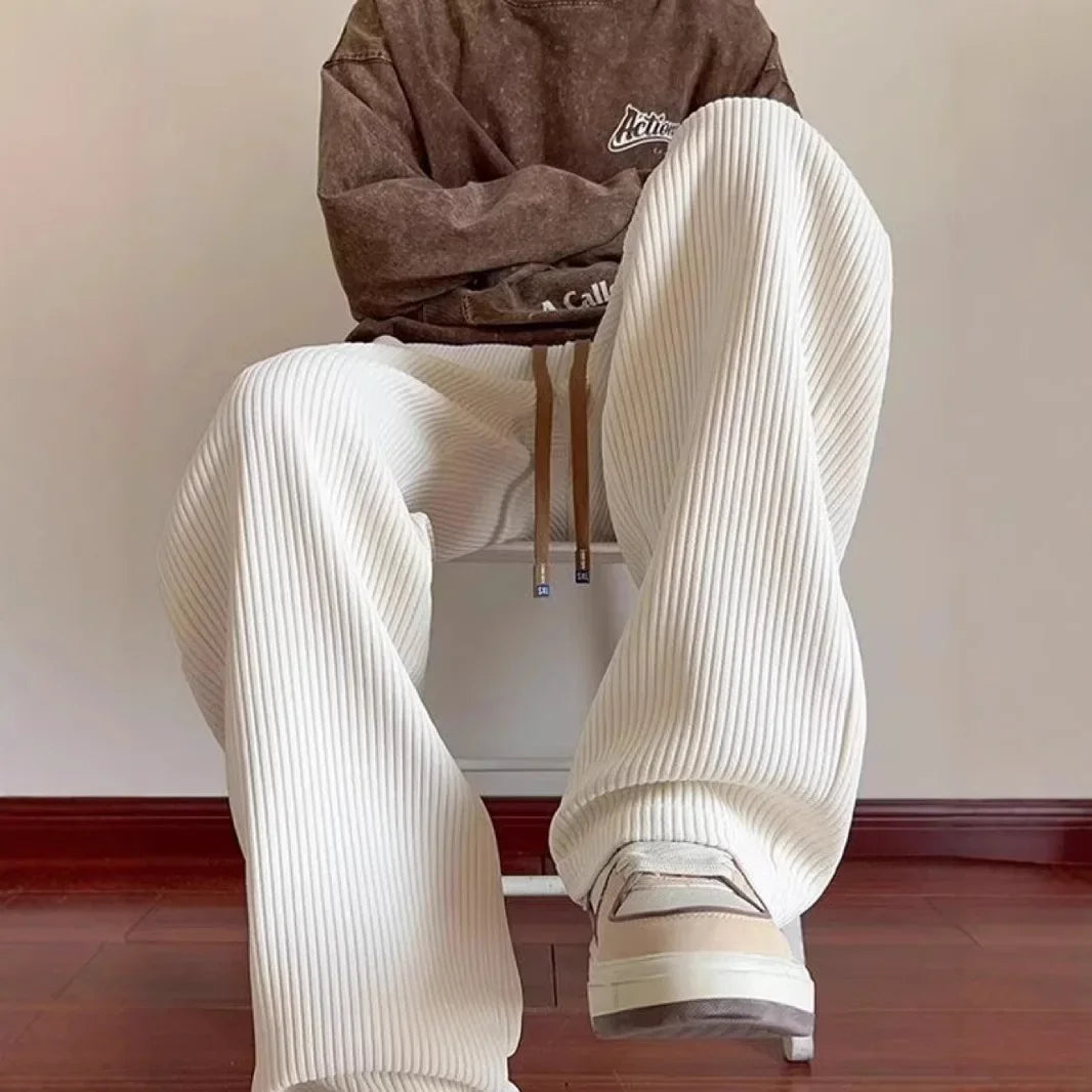 Men'S Casual Corduroy Pants Spring Autumn New American Loose Wide Leg Sport Trousers Texture Straight Leg Trousers