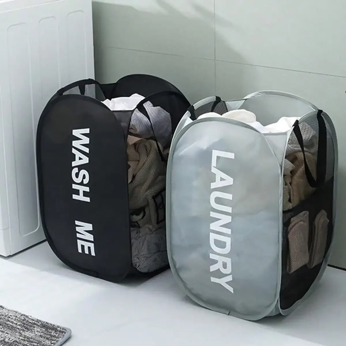 Portable Mesh Pop up Laundry Hamper Wide Opening Breathable Collapsible Space-Saving Laundry Basket Dorm Travel Bathroom Items