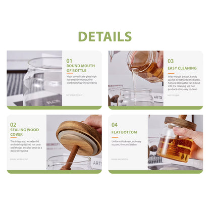 "צנצנות זכוכית לאחסון דבש וסירופ עם מכסה ומטפטף – פתרון אלגנטי ומעוצב לשמירה על טריות ונגישות, מושלם למטבח מודרני."