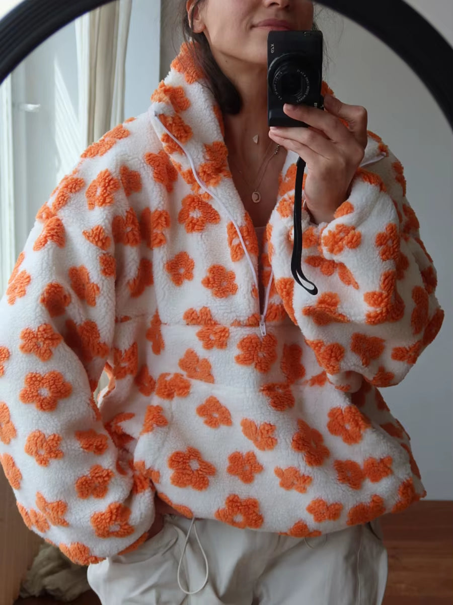 Wolfeel New Autumn Winter Women'S Sherpa Floral Pullover Hoodies Half Zip Style Loose Fit Warm Stylish Sweatshirt