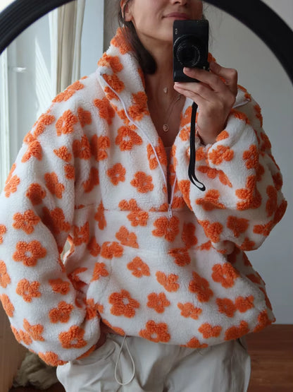 Wolfeel New Autumn Winter Women'S Sherpa Floral Pullover Hoodies Half Zip Style Loose Fit Warm Stylish Sweatshirt