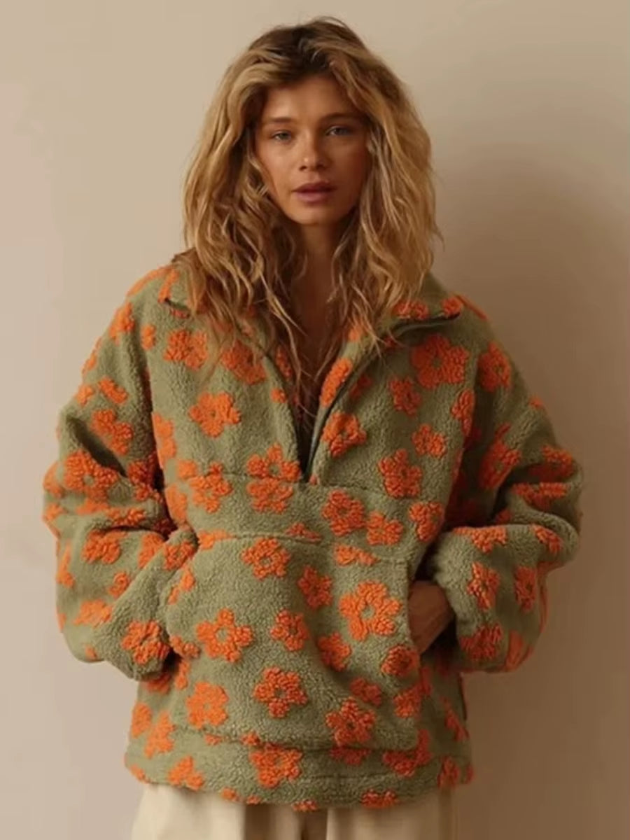 Wolfeel New Autumn Winter Women'S Sherpa Floral Pullover Hoodies Half Zip Style Loose Fit Warm Stylish Sweatshirt