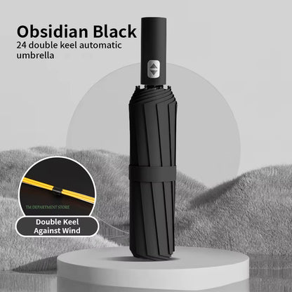 מטרייה גדולה מתקפלת עם 3 קיפולים, שלד מחוזק עם 24 צלעות, עמידה לרוח חזקה, פתיחה וסגירה אוטומטיות, הגנת UV מלאה (UPF). מתאימה לנשים ולגברים – אידיאלית לנסיעות ולשימוש יומיומי.