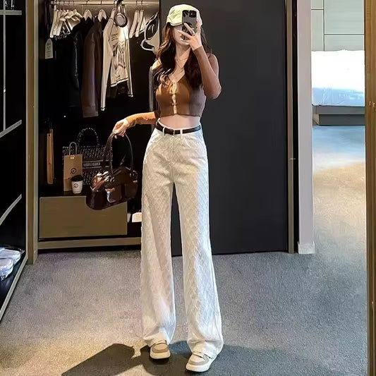 White Wide Leg Jeans Women'S Spring Casual Trousers New Embroidery High Waist Loose Slimming Floor-Length Straight Pants
