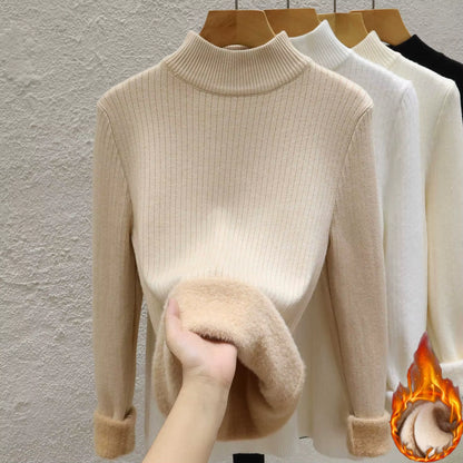 Thick Turtleneck Sweater Women Slim Thicken Plush Velvet Lined Knit Jumper italy Style Simple Base Layer Tops Women Pullover