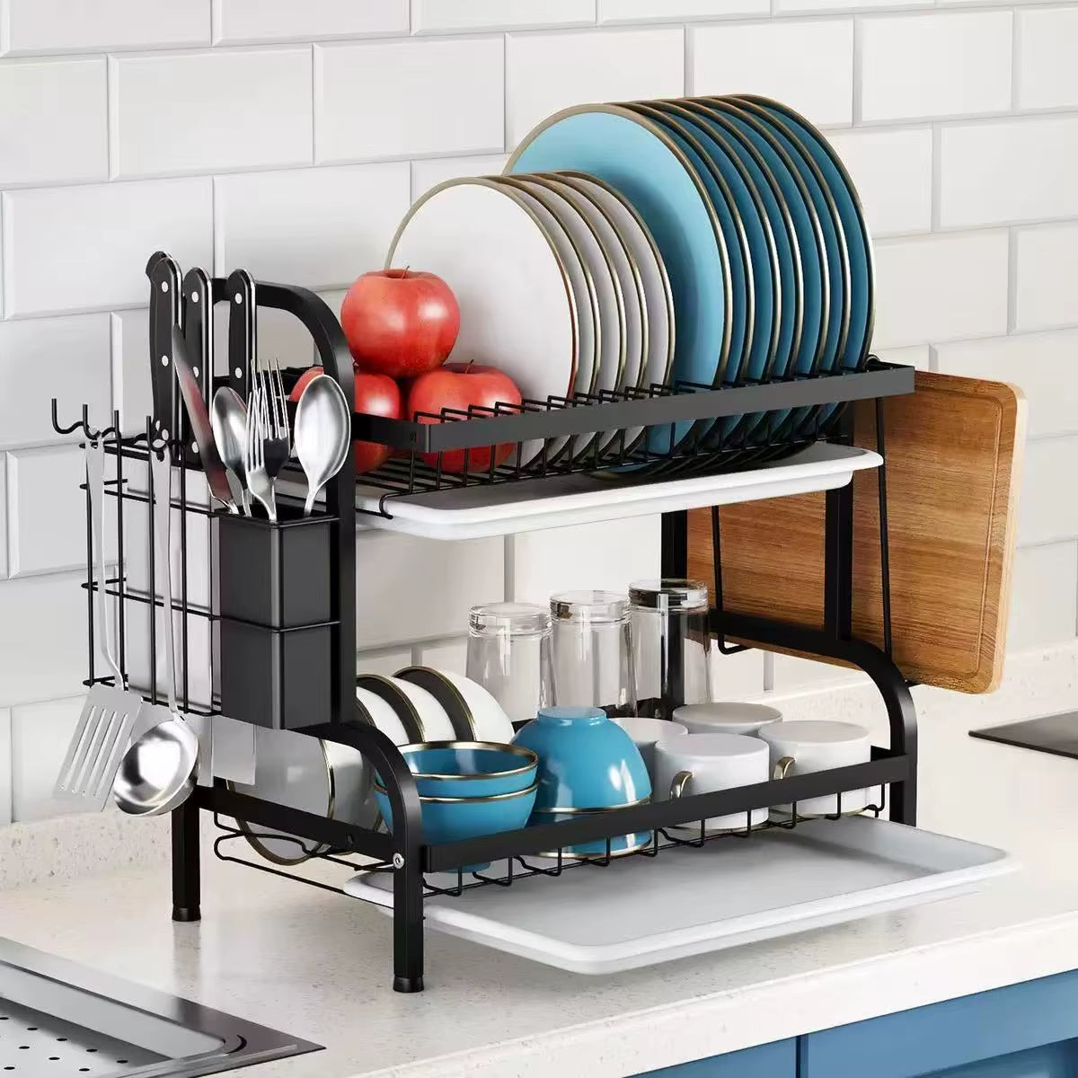Dish Drying Rack 2-Tier Compact Kitchen Dish Rack Drainboard Set Large Rust-Proof Dish Drainer with Utensil Holder