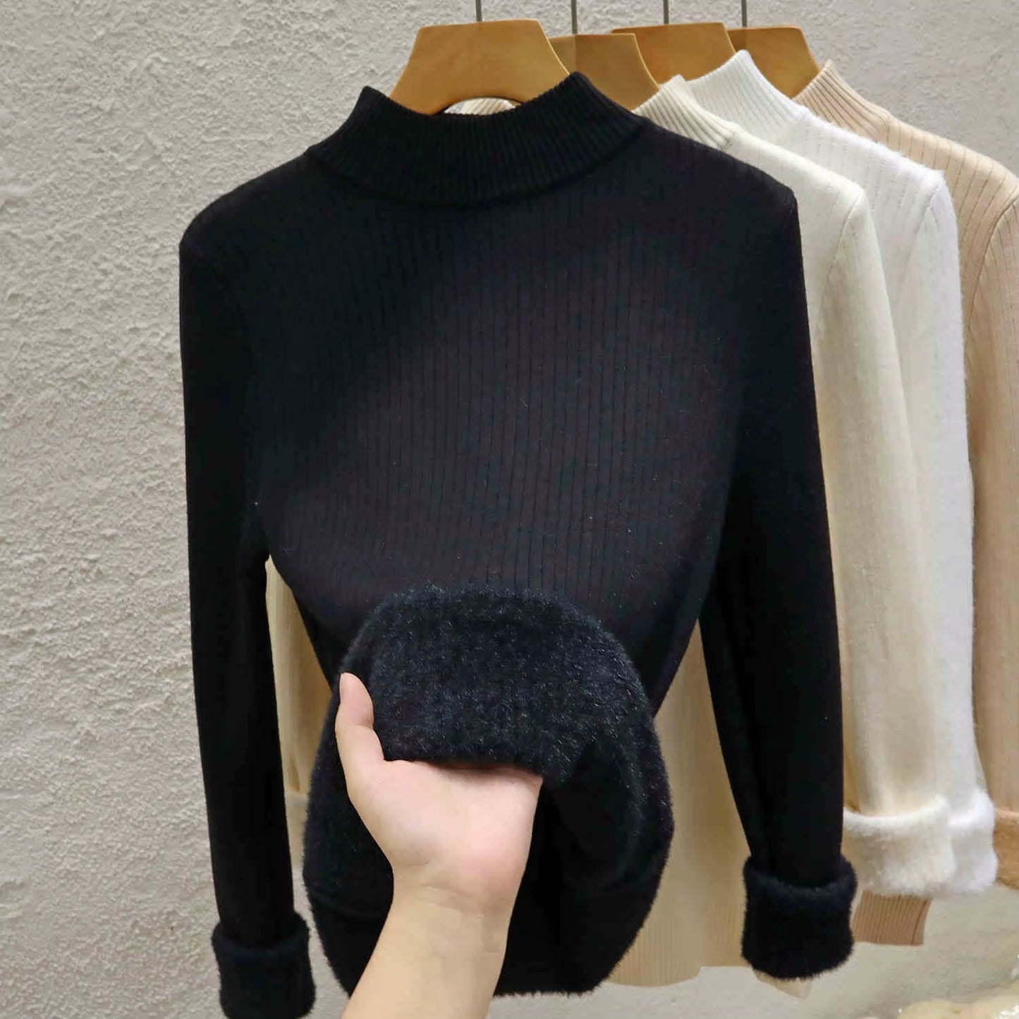 Thick Turtleneck Sweater Women Slim Thicken Plush Velvet Lined Knit Jumper italy Style Simple Base Layer Tops Women Pullover