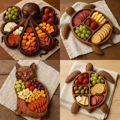 "קרש הגשה מעץ בעיצוב תמנון – פריט ייחודי בהשראת האוקיינוס, מושלם להגשת גבינות, לחמים ופירות, ומוסיף לאירוח נגיעה טבעית, אומנותית ומרשימה."