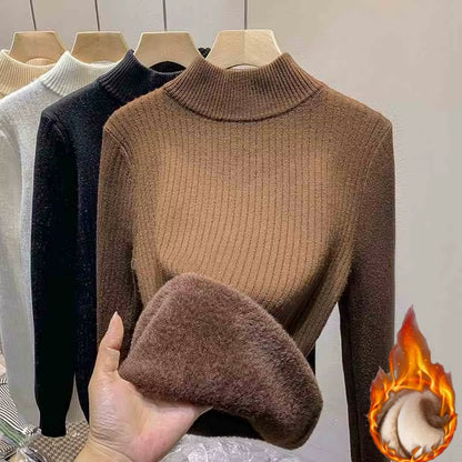 Thick Turtleneck Sweater Women Slim Thicken Plush Velvet Lined Knit Jumper italy Style Simple Base Layer Tops Women Pullover