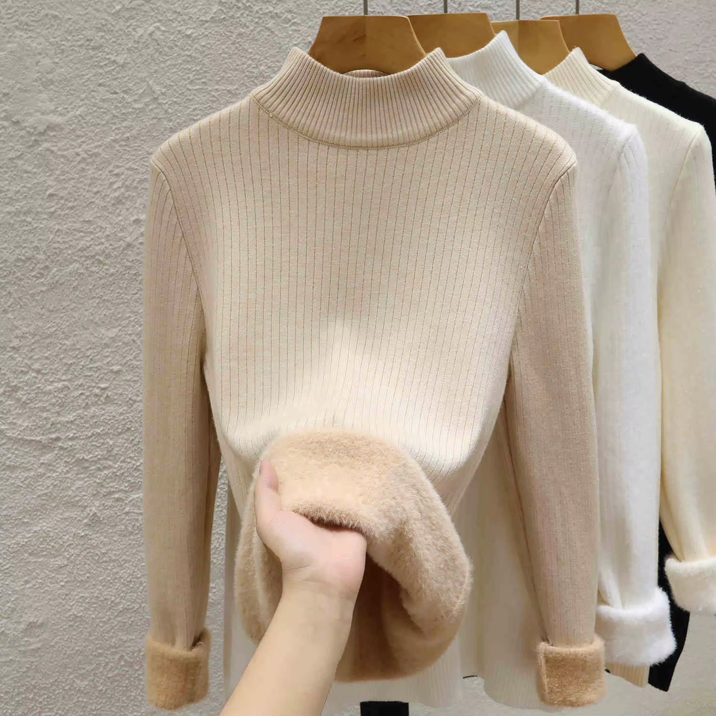 Thick Turtleneck Sweater Women Slim Thicken Plush Velvet Lined Knit Jumper italy Style Simple Base Layer Tops Women Pullover