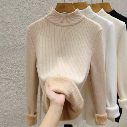 Thick Turtleneck Sweater Women Slim Thicken Plush Velvet Lined Knit Jumper italy Style Simple Base Layer Tops Women Pullover
