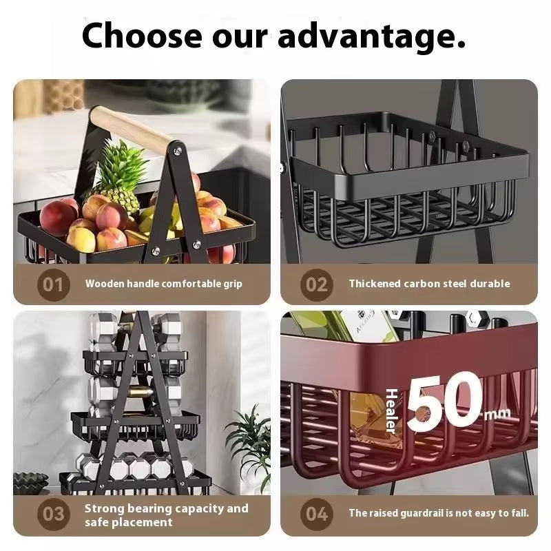 2025 New Portable Iron Kitchen Storage Rack Multifunctional Fruit Basket Multi-Layer Snack Storage Shelf