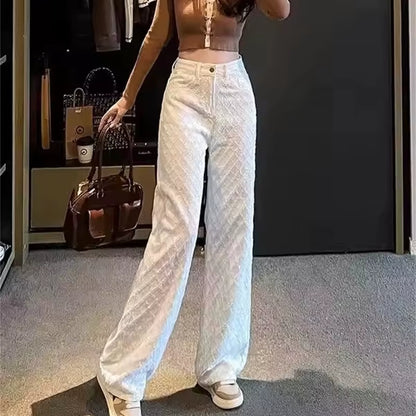 White Wide Leg Jeans Women'S Spring Casual Trousers New Embroidery High Waist Loose Slimming Floor-Length Straight Pants