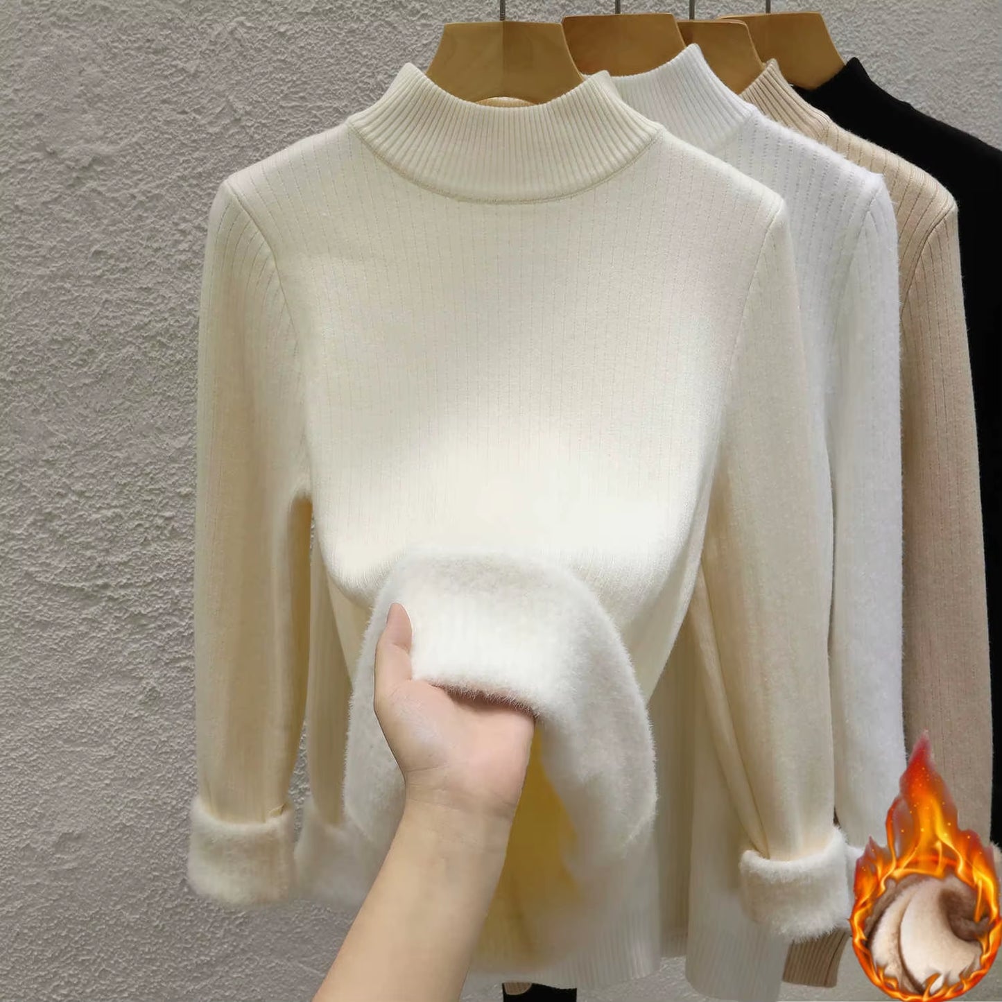 Thick Turtleneck Sweater Women Slim Thicken Plush Velvet Lined Knit Jumper italy Style Simple Base Layer Tops Women Pullover