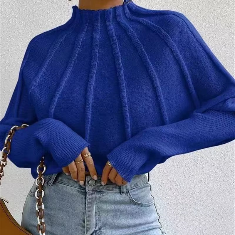 Women'S Knitted Half-High Collar Sweater Batwing Sleeve Thickened Winter Style Pure Color Sweaters Female