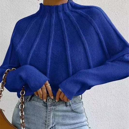 Women'S Knitted Half-High Collar Sweater Batwing Sleeve Thickened Winter Style Pure Color Sweaters Female